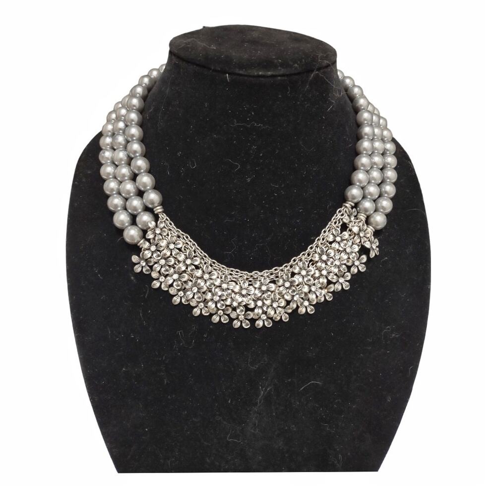 Gray Triple Pearl Strand Necklace Rhinestones Silver Bling Flowers Retro Classic